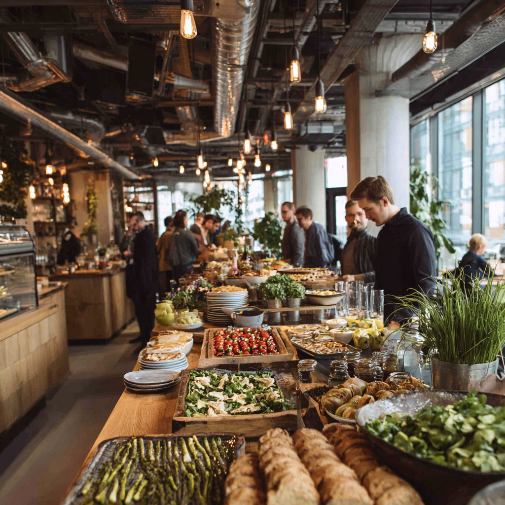 Happy Polish family enjoying a healthy meal together, sitting around a wooden table with colorful fresh vegetables and nutritious dishes
